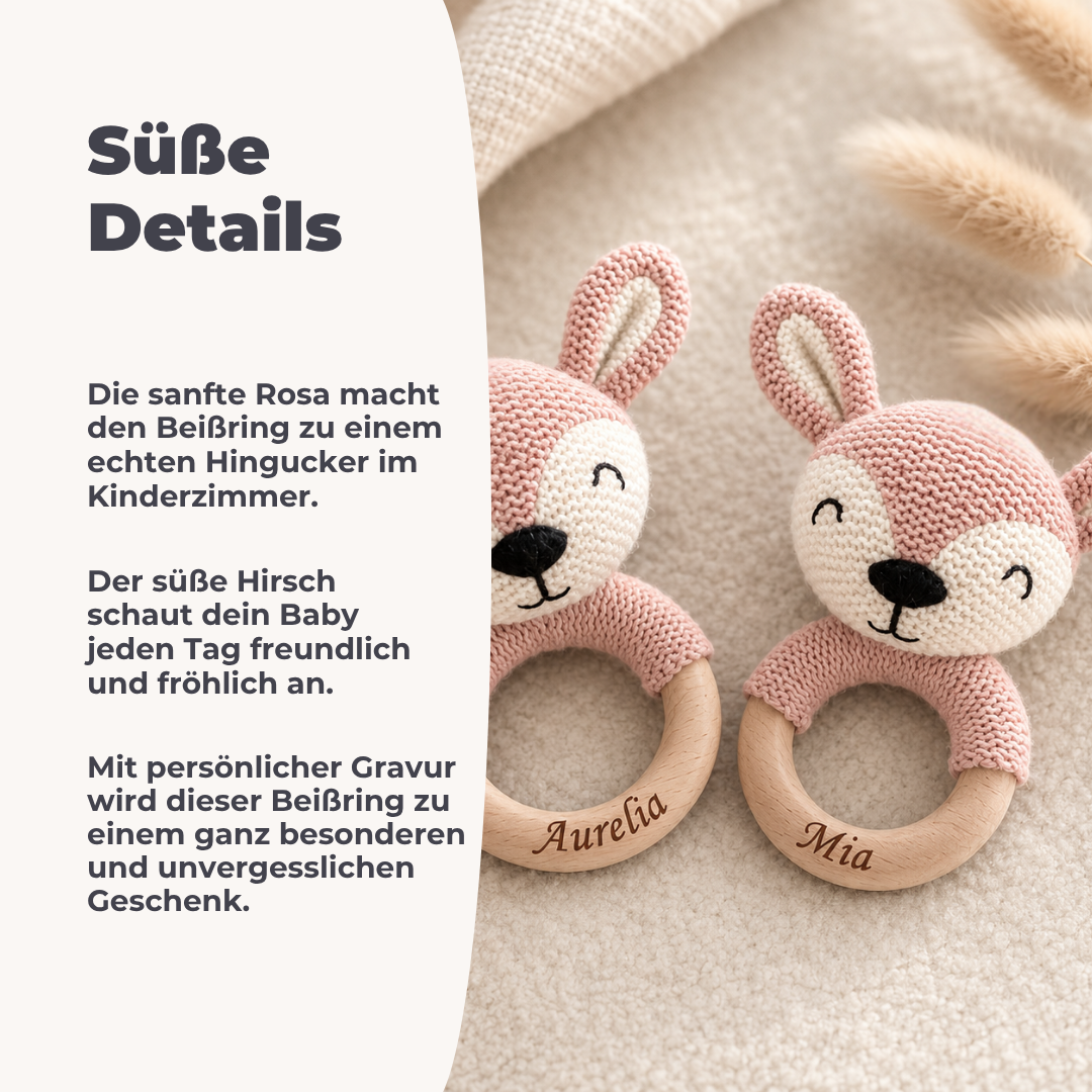 Babygeschenk personalisiert Rassel Reh Rosa – LINDFALL Manufaktur