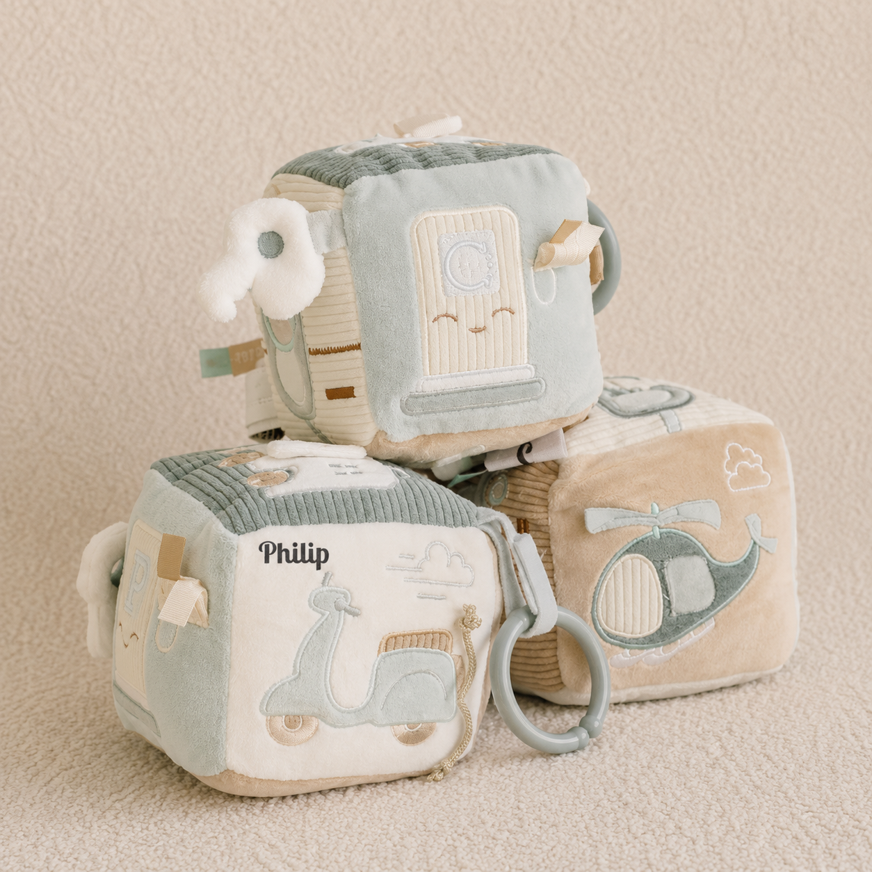 Aktivitäten-Würfel On the Go, Motorikwürfel Baby personalisiert mit Name