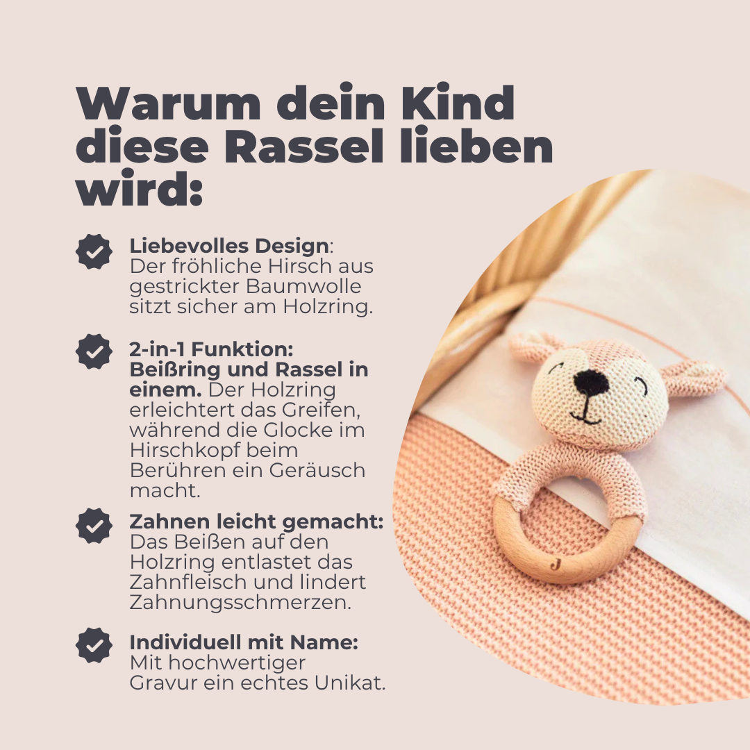 Rassel Baby Mädchen Rosa mit Holzring und Gravur – LINDFALL